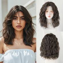 7JHH WIGS Brown Curly Wig Medium Length Wavy Wig With Bangs Heat Resistant Synthetic Hair Wig Shoulder Length Routine Wigs For Women Daily Use 16 Inch - Brown - View 11