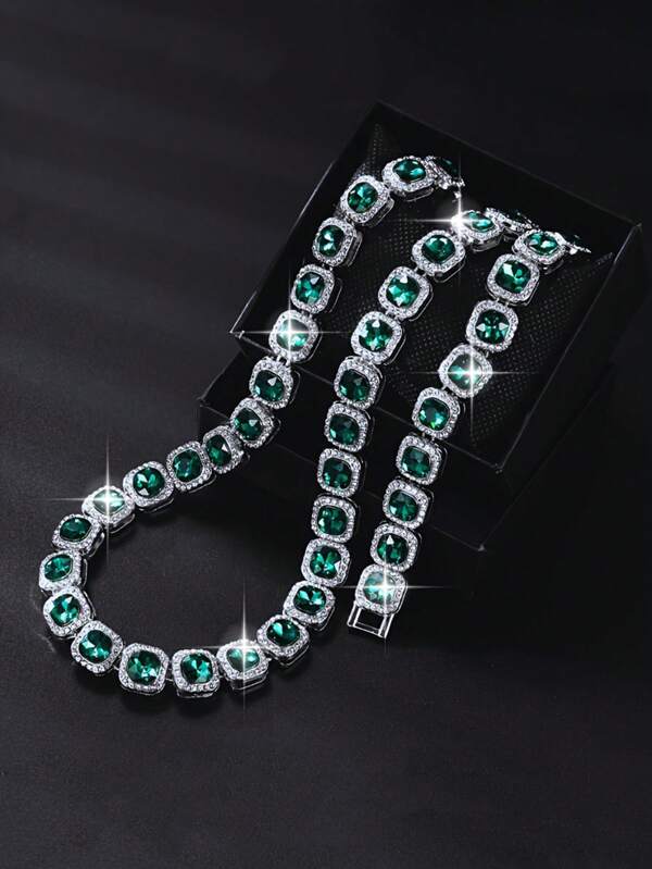 طقم عقد وسوار من السلسلة الأنيقة مرصع بحبات الراين الخضراء اللامعة، إكسسوارات الرقص الشعبي، طقم مجوهرات رجالية، هدية مثالية ليوم الأب/عيد الميلاد/الابن/الحبيب