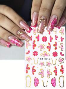 2 piezas Calcomanías de uñas 3D con flor de hibisco rosa dorada, pétalos de flor de corazón rojo degradado, trébol de cuatro hojas, lazo asimétrico y líneas metálicas a rayas estilo Y2K holográfico para decoración de uñas, suministros de arte de uñas