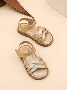 1 Pair Summer Girls Outdoor Hook And Loop Flat Sandals