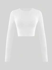 XLLAIS 小圆领长袖修身T恤，弹性双层设计，白色露脐上衣，秋冬服装 - 白色 - 查看 7