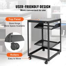 V9U-20U Open Frame Server Cabinet, Wall-Mountable With 2 Cooling Shelves & 4 360° Casters, Depth Adjustable 23''-40''  Adjustable Depth For Networking AV Gear & Mounting Hardware Audio,Black - 15U, 23''-40'' Black Casters - View 5