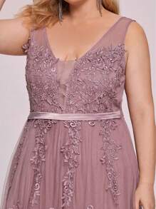 EVERPRETTY Plus Size Embroidery Maxi Long Ethereal Tulle, Bridesmaid Dress - Dusty Pink - View 5