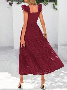 Women's Summer Square Collar Long Dress With Sleeve Cap Hole Eye Ruffles Layered A-Line Casual Vacation Long Skirt With Pockets - Màu Đỏ Sâu - Xem 2