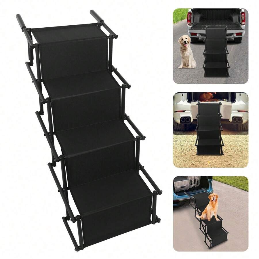 4 Tiers Car Dog Steps Ladder, Rectangular Shape Large Dog Stairs, 80kg/ 176.37 Lbs Load-Bearing Capacity Folding Pet Ladder Ramp With Wide Steps - Black - View 1