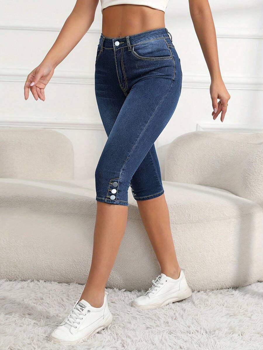Women's Casual Elastic Skinny Capri Jeans - Dark Wash - View 1