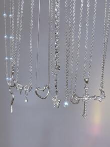 9pcs Fashionable, Elegant, Cute Design Necklace Set Including Butterfly, Heart, Cross, Bow, Snake, Rhinestone, Pearl Elements, Versatile For Holiday, Party, Daily Wear