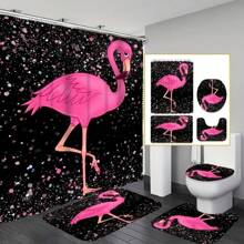 4pcs Glittering Rhinestone Flamingo Pattern Shower Curtain Set, Waterproof Bathroom Partition Curtain With 12 Hooks, Non-Slip Bath Mat, Toilet U-Shaped Pad, Toilet Seat Cover Pad, Decorative Bathroom Set, Bathroom Accessories Home Bathroom Decor Fall Decor Back To School