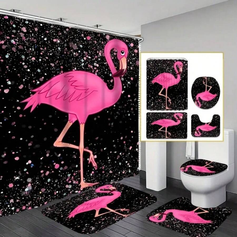 4pcs Glittering Rhinestone Flamingo Pattern Shower Curtain Set, Waterproof Bathroom Partition Curtain With 12 Hooks, Non-Slip Bath Mat, Toilet U-Shaped Pad, Toilet Seat Cover Pad, Decorative Bathroom Set, Bathroom Accessories Home Bathroom Decor Fall Decor Back To School
