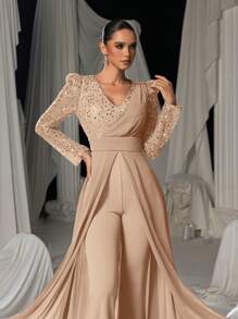 Faeriesty Stunning Long-Sleeve Evening Jumpsuit With Chiffon Overlay & Shimmering Sequin - Elegant Flowing Silhouette For Luxury Banquets, Red Carpet Galas, Weddings & Formal Evening Events - Rượu sâm banh - Xem 5