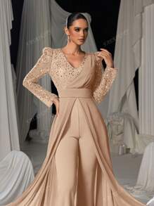 Faeriesty Stunning Long-Sleeve Evening Jumpsuit With Chiffon Overlay & Shimmering Sequin - Elegant Flowing Silhouette For Luxury Banquets, Red Carpet Galas, Weddings & Formal Evening Events