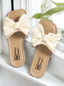 Girls' Solid Color Big Bow Style Square Toe Flat Sandals Are Lightweight And Breathable, Suitable For Home And Outdoor Use - Beige - View 2