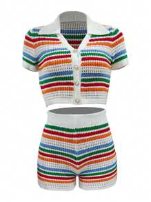 Plus Size Knitted Contrast Striped Hollow Out Sweater Set: Short Sleeve Top And Shorts, 2 Pieces Outfit, Spring/Summer - Multicolor - View 3