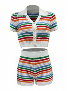 Ensemble tricot rayé contrastant à rayures ajourées grande taille : top à manches courtes et shorts, tenue 2 pièces, printemps/été