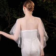 时尚蕾丝新娘婚纱披肩柔软派对夹克披肩仿珍珠斗篷连衣裙装饰透明宝石领女士连衣裙秋季女士服装 - 白色 - 查看 8