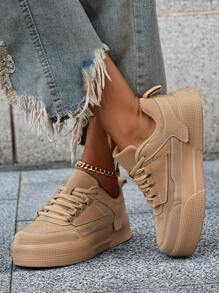 (Size Runs Small) Women's Minimalist Solid Color Patchwork Detail Front Tie Skateboard Shoes, Round Toe Platform Comfortable Casual Sneakers