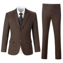 男童三件套粗花呢西装套装，幼儿燕尾服正装，婚礼花童礼服，婚礼西装外套、马甲、裤子，儿童正装，深棕色，尺码 6-14 岁