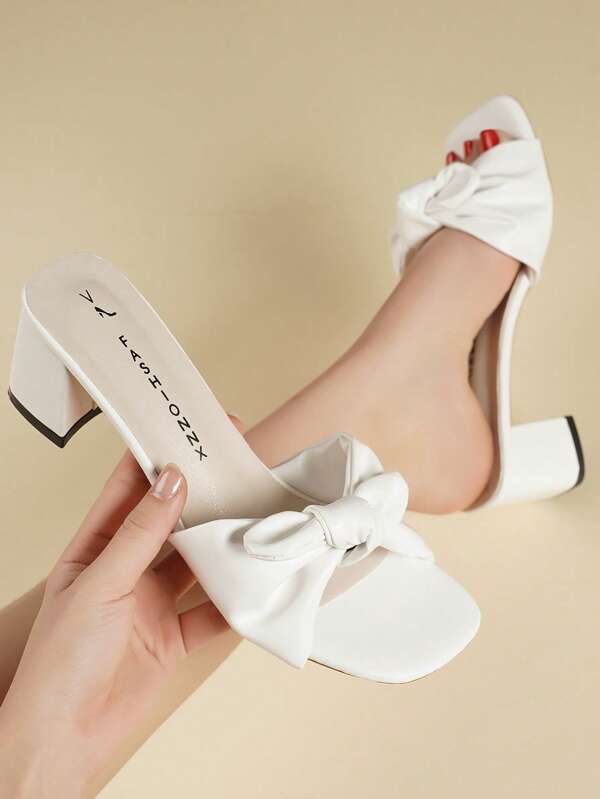1 Pair Women's White High Heel Sandals, Mid Chunky Heel, Bow Decor, Formal Wedding Guest, Casual Outdoor Vacation, PU Comfortable, 2025 New Arrival