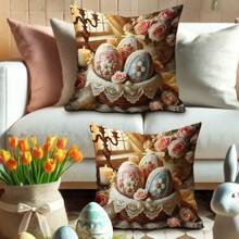 2pcs Easter Decoration Easter Eggs Rose Floral Velvet Throw Pillow Covers Vintage Gorgeous Pink Blue Cosy Soft Decorative Pillowcases One Sided Printing For Spring Living Room Bedroom Sofa Bed Decor Without Pillow Inserts - Pink - View 5