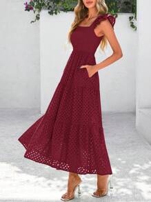 Women's Summer Square Collar Long Dress With Sleeve Cap Hole Eye Ruffles Layered A-Line Casual Vacation Long Skirt With Pockets - Màu Đỏ Sâu - Xem 5