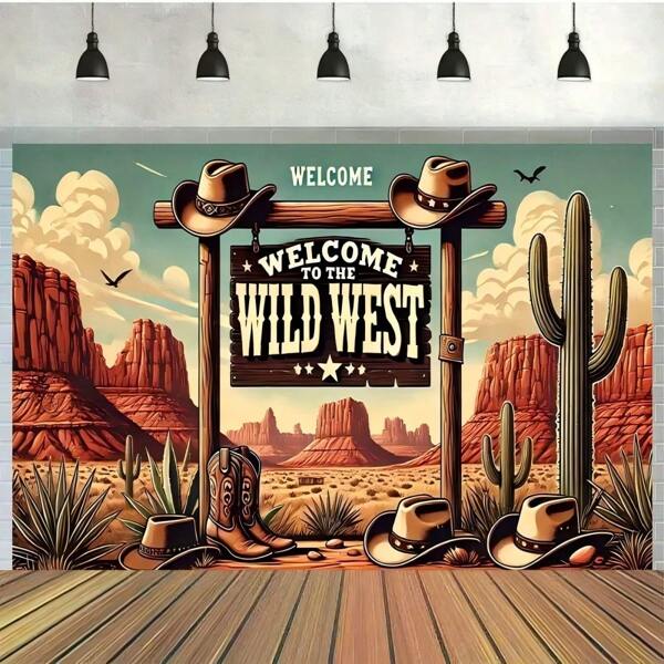 1pc Interesting Wild West Theme 7x5ft Polyester Backdrop - Suitable For Birthday Party Banner Decoration And Photography Props, No Power Needed, Tablecloth, Curtain