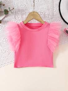 2pcs/Set Young Girl Net Fabric Patchwork Contrast Color Casual Top And Mini Skirt Set - Hot Pink - View 5