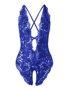 Lencería sexy tipo body con abertura en la entrepierna, cuello halter, espalda cruzada y encaje, para fiestas - Azul Marino - Ver 3