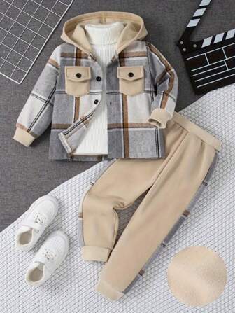 Young Boy 2 Pieces Casual Warm Co-Ord Set - Soft, Versatile Plaid Hoodie With Front Pocket And Comfy Jogger Pants - Perfect For Winter And Fall, Cozy, Breathable, Winter Fall Clothes