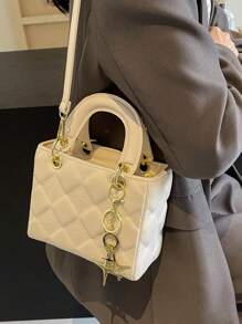 女士新款菱形图案手提包、托特包和斜挎包，简约时尚 - 米色 - 查看 2