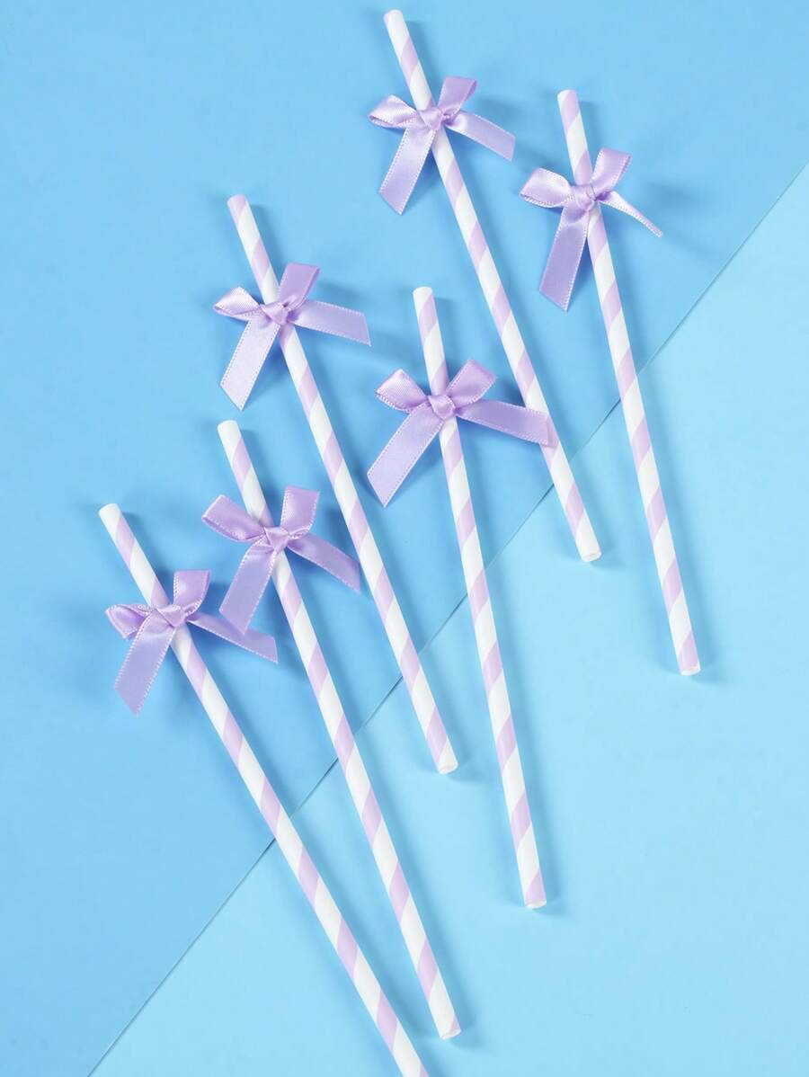 8/16 unidades Pajitas de papel a rayas de color morado claro con lazo de cinta para beber y manualidades, papel de fiesta, pajitas, suministros de vajilla, fiesta de cumpleaños de sirena, boda, aniversario, fiesta de baby shower, fiesta de gender reveal, decoraciones y suministros para fiestas, pajitas de papel desechables para fiestas, artículos para fiestas