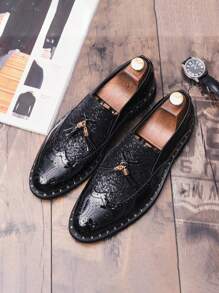 Pointed Toe Slip-On Leather Shoes, Korean British Style Fashion Casual Business Dress Loafers, Tassels Breathable Oxfords, Low-Top Designer Dress Shoes - Black - View 8