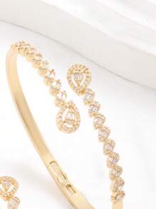 1 Set Simple Double Row Water Drop Zirconia Bangle & Ring Bracelet Set For Women - Silver - View 4