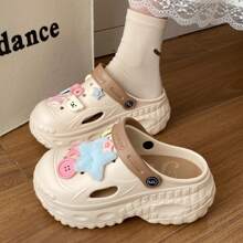 2025 春季纽扣星星设计厚底木屐女款夏季时尚派对花园休闲可爱卡通 EVA 海滩户外装 - 卡其色 - 查看 3