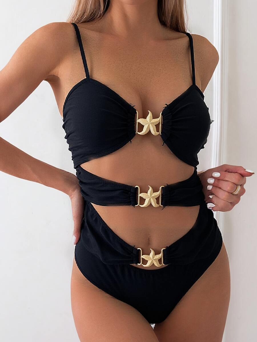 Women's Beach Vacation Hollow Star Decor Backless Halter One-Piece Swimsuit - Black - View 1