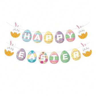 1pc Easter Hanging Banner Party Decor For Home Living Room Garden, Random Blue/White, Easter Egg & Rabbit Bunting
