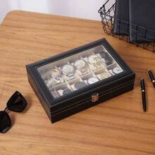 6-Slot PU Leather Watch Box Display Storage Case, Lockable Jewelry Organizer Box With Glass Lid, Large Capacity Watch Holder Drawer For Men And Women (Black) - Multicolor - View 6