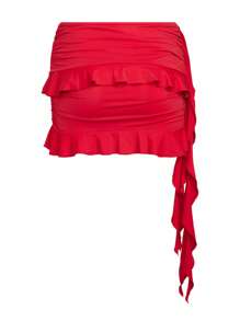 2 Piece Sets For Women Y2k Going Out Ruffle Trim Ruched Tank Top And High Waist Skirt Set Club Mini Dress - 紅色 - 查看 7