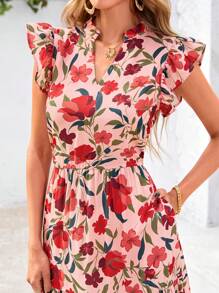 Women's Summer Print Mid-Length Dress With Sleeve Cap V-Neck Ruffled Long Flowing Bohemian Style Casual Beach Vacation Dress And Sundress - 橘粉底紅花 - 查看 3