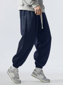 Plus Size Men's Loose Drawstring Waist Spring Sweatpants - Blue - View 6