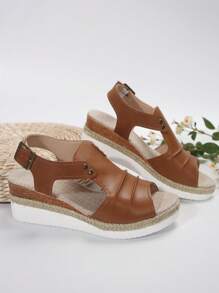 Plus Size Mulheres Plataforma Cunha Salto Alto Peep-Toe Sandálias Casuais, Primavera/Verão