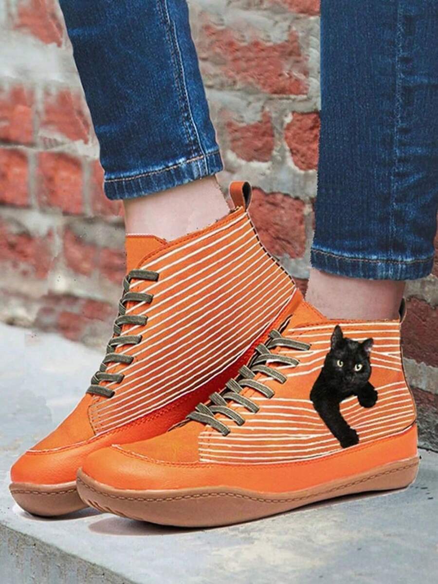 Women's Cat Pattern Sneakers, Breathable Casual Lace-Up Outdoor Shoes, Comfortable Low-Top Athletic Shoes - Orange - View 1