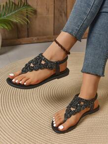 最新罗马风格波西米亚平底人字凉鞋，女士棕色 - 黑色 - 查看 3