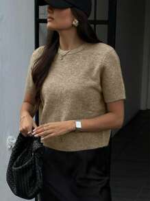 FOR BEAUTY Spring And Summer And Autumn New Brown Round Neck Short Sleeved Women's Knitted T-Shirt Loose And Simple Casual Commuting Style Ribbed Thin Sweater Pullover Christmas Top - 瑪奇棕 - 查看 3