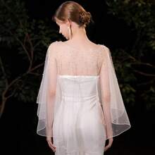 时尚蕾丝新娘婚纱披肩柔软派对夹克披肩仿珍珠斗篷连衣裙装饰透明宝石领女士连衣裙秋季女士服装 - 白色 - 查看 9