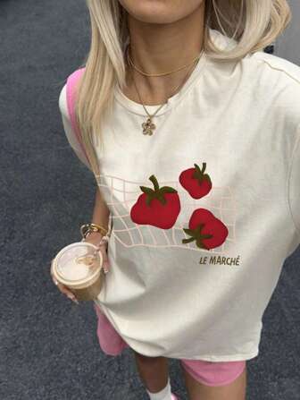 2025 New Arrival Women's Casual Fashion Tomato Print Pattern Loose Short Sleeve T-Shirt Top, Summer