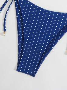 סט ביקיני סקסי במידות גדולות, מודפס אקראי, צווארון חוף מנוקד חשוף לנשים - כחול - ראה 4