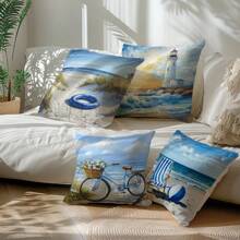 4pcs 17.7*17.7in (45*45cm) White Lifesaver, Chaise Lounge, Balloon, Lighthouse, Bicycle Printed Polyester Pillow Case [Single-Sided Print][Pillow Insert Not Included] Home Couch Bed Headrest Cushion Cover, Suitable For Daily Use, Home Decor, Living Room, Bedroom, Car