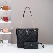 2pcs Set Solid Color Quilted PU Leather Shoulder Bag With Pearl Tassel Zipper Closure Design, Simple & Versatile, Suitable For Daily Use/Shopping - Multicolor - View 2