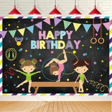 1 pieza Fondo fotográfico temático de fiesta de cumpleaños de niña enérgica con gimnasia, decoración de mesa de pastel, mantel, cortina