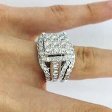 2 piezas Anillos elegantes apilables con diseño de halo elegante, pavimentados con plata chapada en brillante circonia para compromiso/anillo de boda, regalo del Día de San Valentín